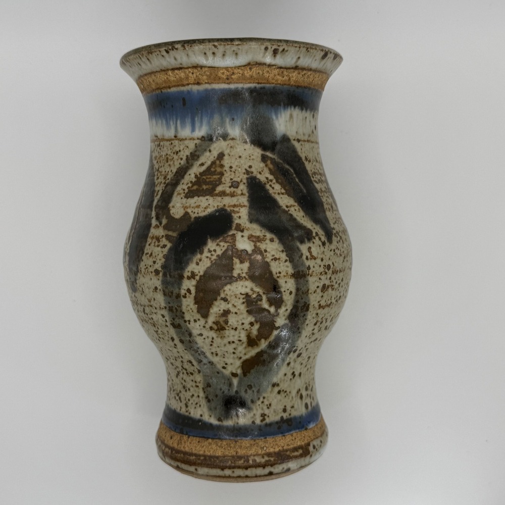 Handmade Studio Pottery Vase Earth Tones Blue Glaze Signed Artist Rustic Cabin